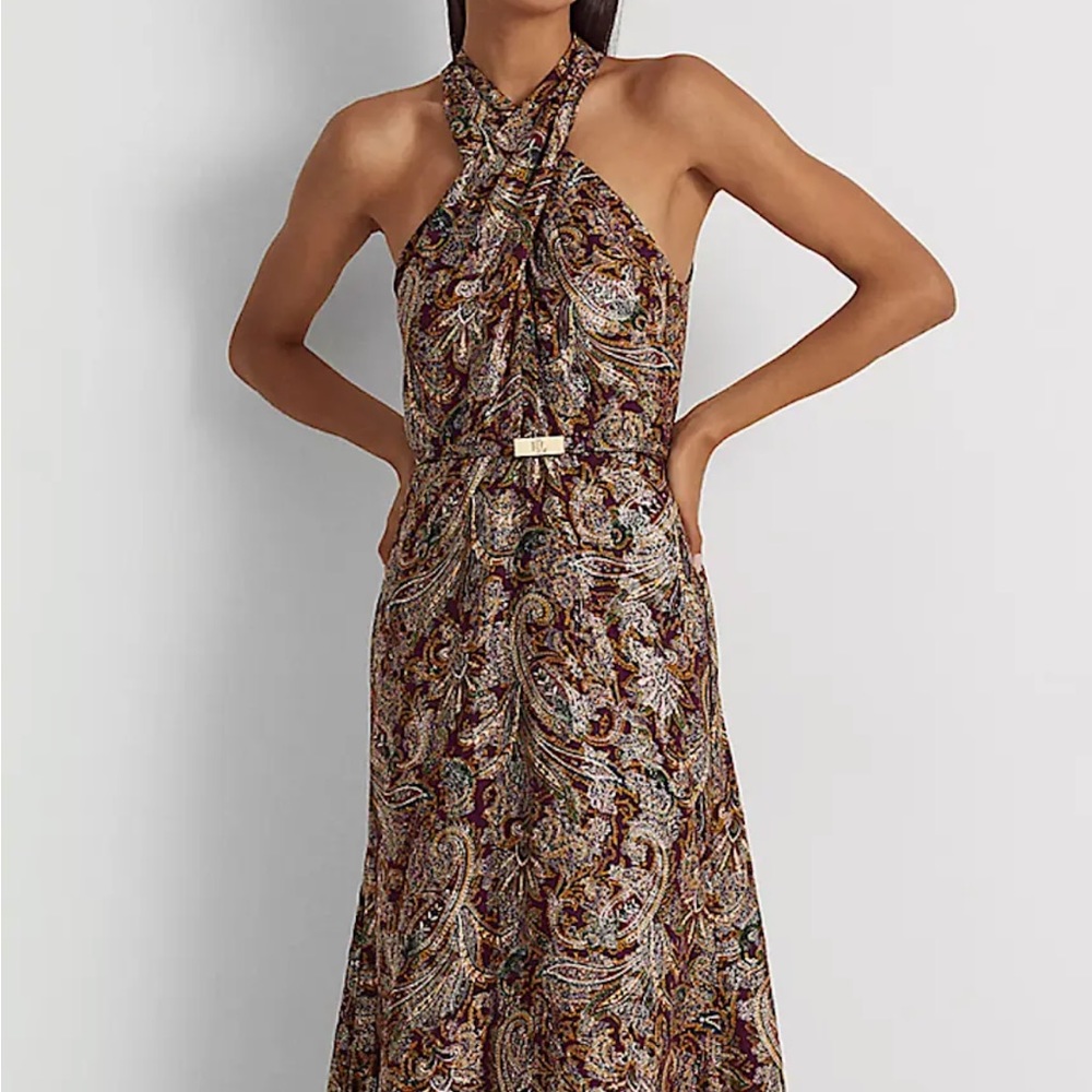 Black label LRL halter paisley metallic jacquard gown with belt women size 12 - Picture 4 of 15
